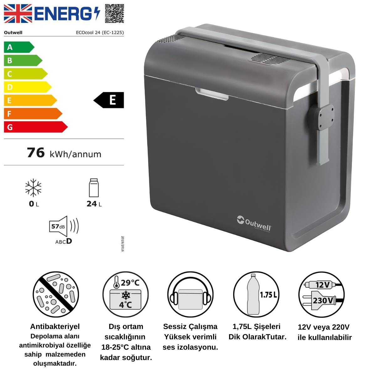 Outwell ECOcool 24 Litre 12V/220V Portatif Soğutucu Grey — görsel 2